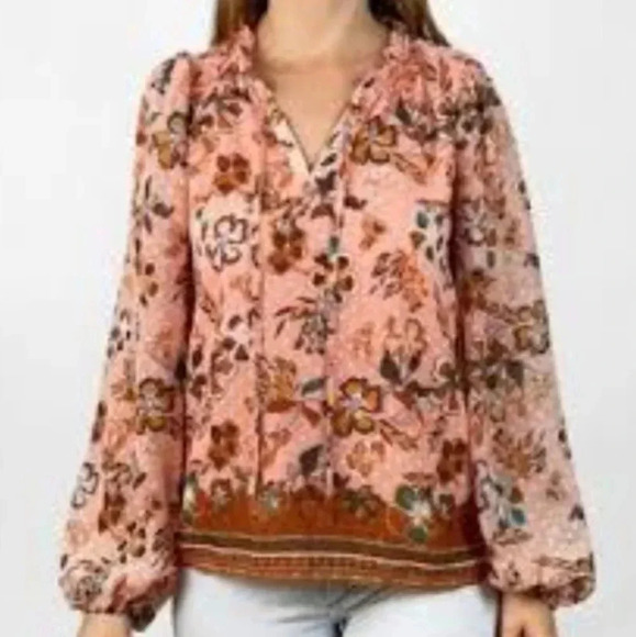 Joie Peach Floral Bohemian Peasant Chiffon Swiss Dot  Ruffle Top Tie Blouse XS. - Picture 3 of 16